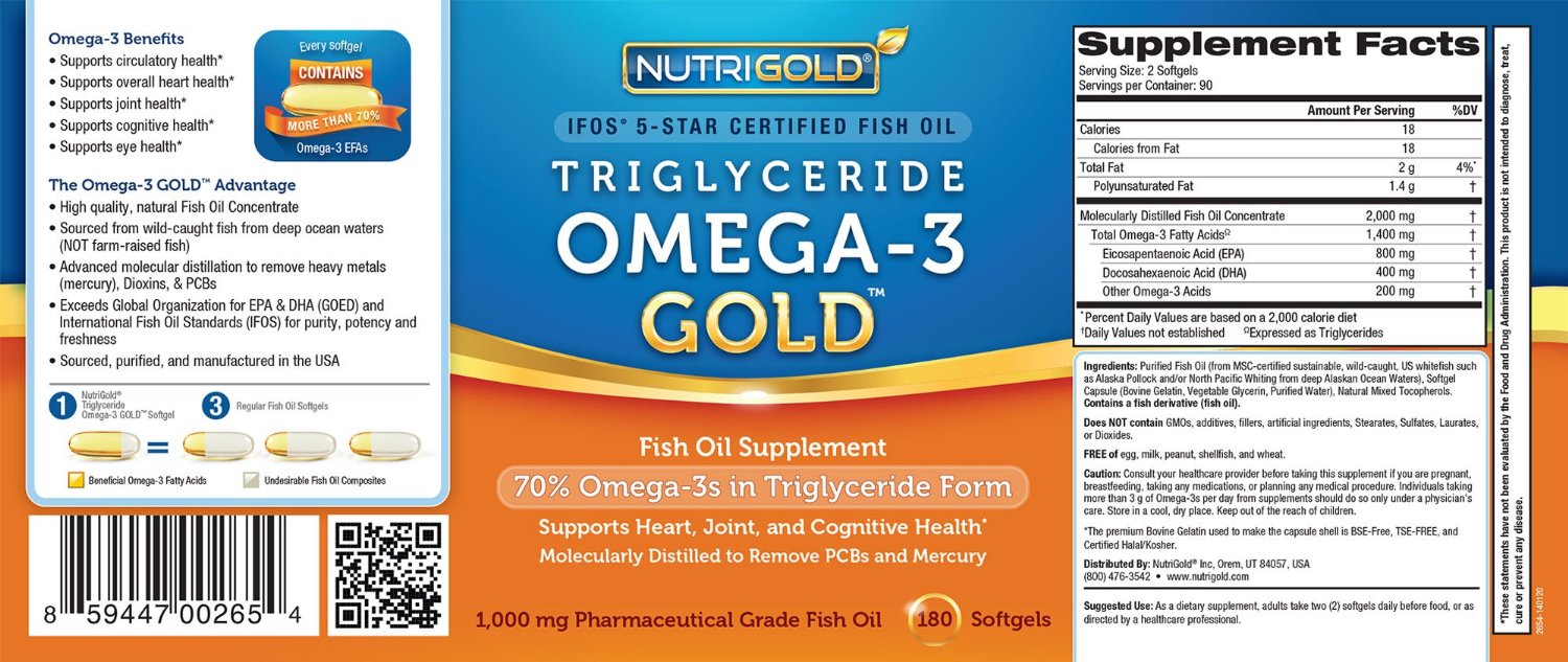 อาหารเสริม fish oil ยอดขายอันดับที่ 2 ของอเมริกา ฟิชออย Omega-3 Fish Oil 180 Softgels - 1000 mg EPA + DHA with 70% Omega-3s in 1,250 mg Liquid Capsules, by Nutrigold